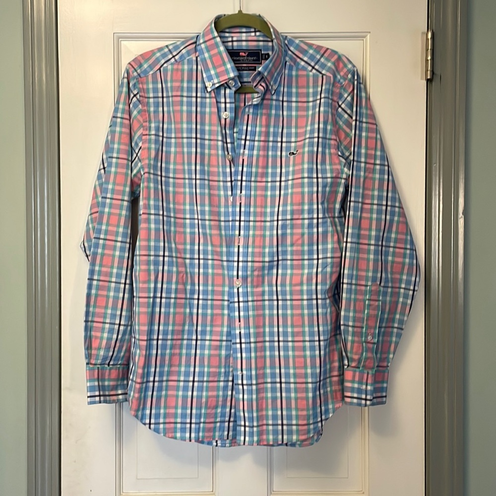 Vineyard vines mens button down shirt size S Plaid w/ blue,pink, white, green